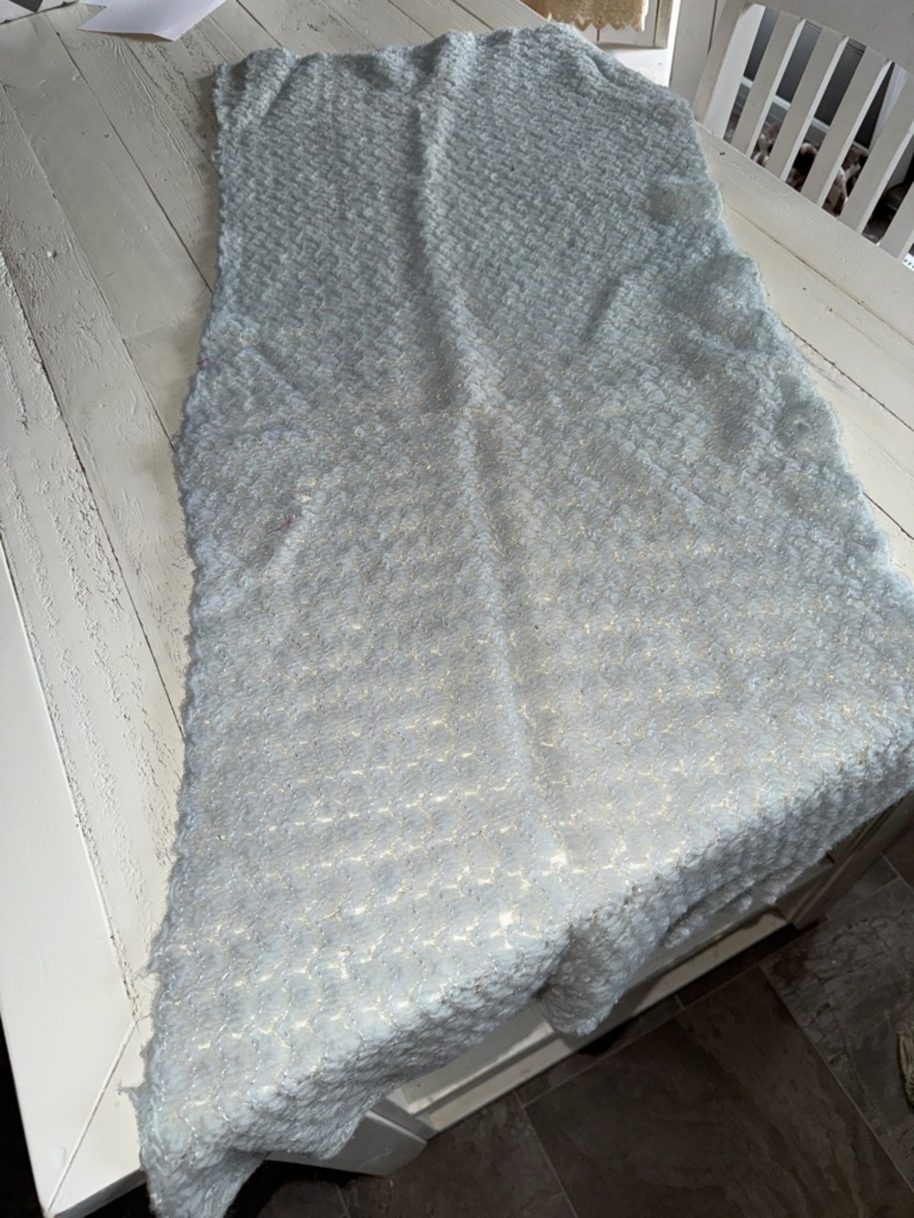 Antique crochet boys baby blanket with white pearl thread detail 1930s